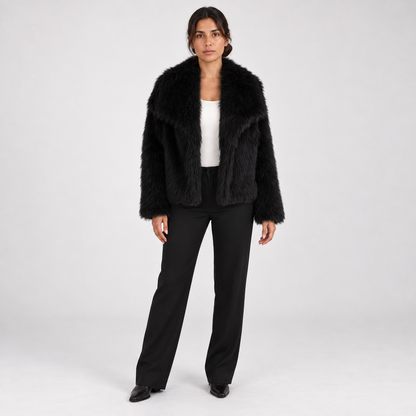 Short and fashionable fox fur coat, fluffy and plush women's clothing — Black — front — studio 16-1