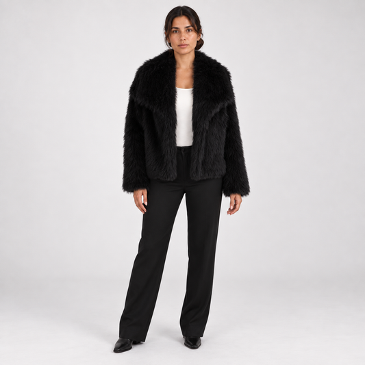 Short and fashionable fox fur coat, fluffy and plush women's clothing — Black — front — studio 16-1