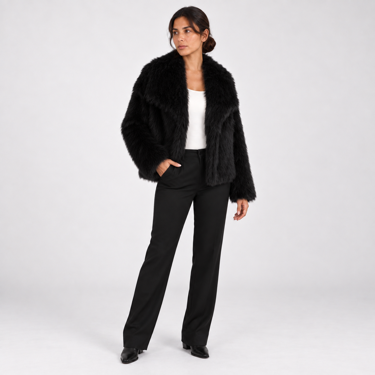 Short and fashionable fox fur coat, fluffy and plush women's clothing — Black — three_quarter — studio 16-2