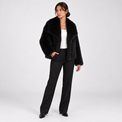 Short and fashionable fox fur coat, fluffy and plush women's clothing — Black — three_quarter — studio 16-2