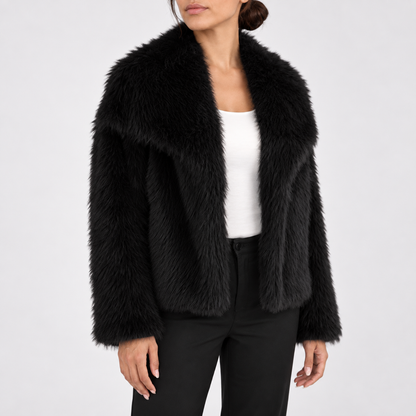 Short and fashionable fox fur coat, fluffy and plush women's clothing — Black — detail — studio 16-3