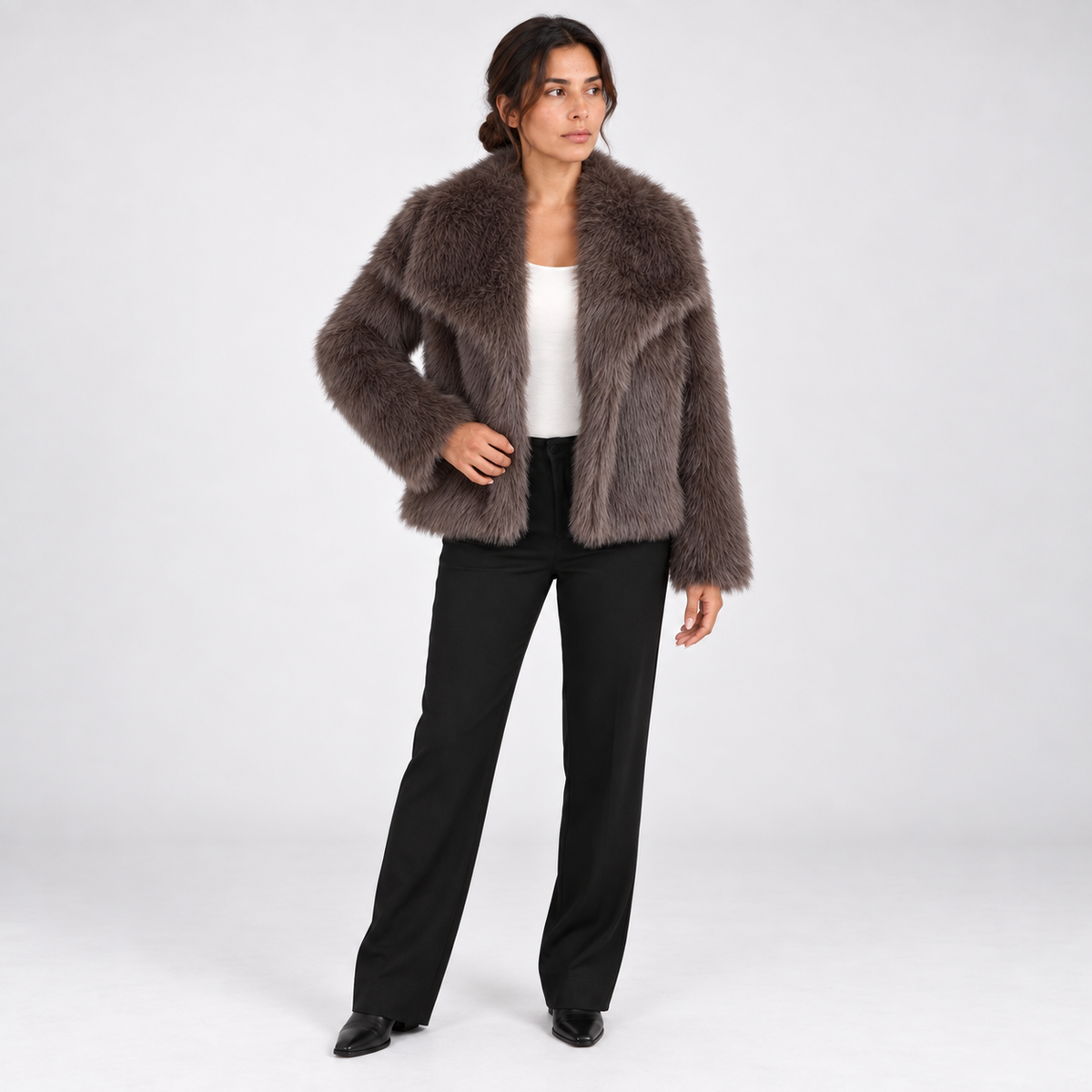 Short and fashionable fox fur coat, fluffy and plush women's clothing — Coffee — front — studio 16-5