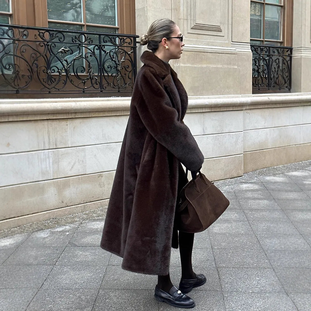 Maeve & Co Women's Faux Fur Coat - Long Belted Mink-Look