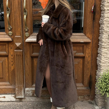 Maeve & Co Women's Faux Fur Coat - Long Belted Mink-Look