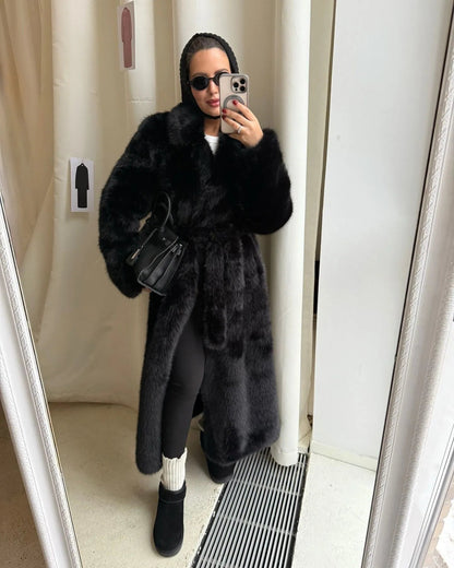 Maeve & Co Women's Faux Fur Coat - Long Belted Mink-Look