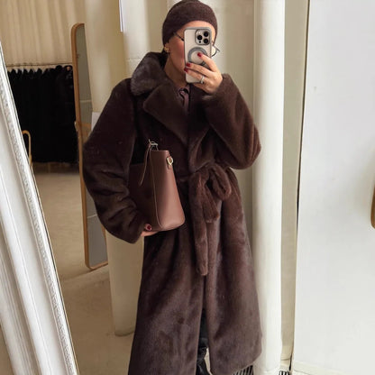 Maeve & Co Women's Faux Fur Coat - Long Belted Mink-Look