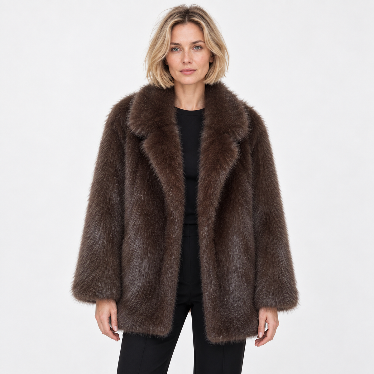 Fur coat of fox skin - Dark Brown - front