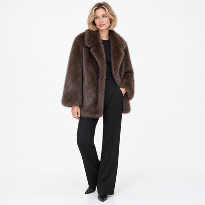 Fur coat of fox skin — Dark Brown — three quarter — studio 18-2