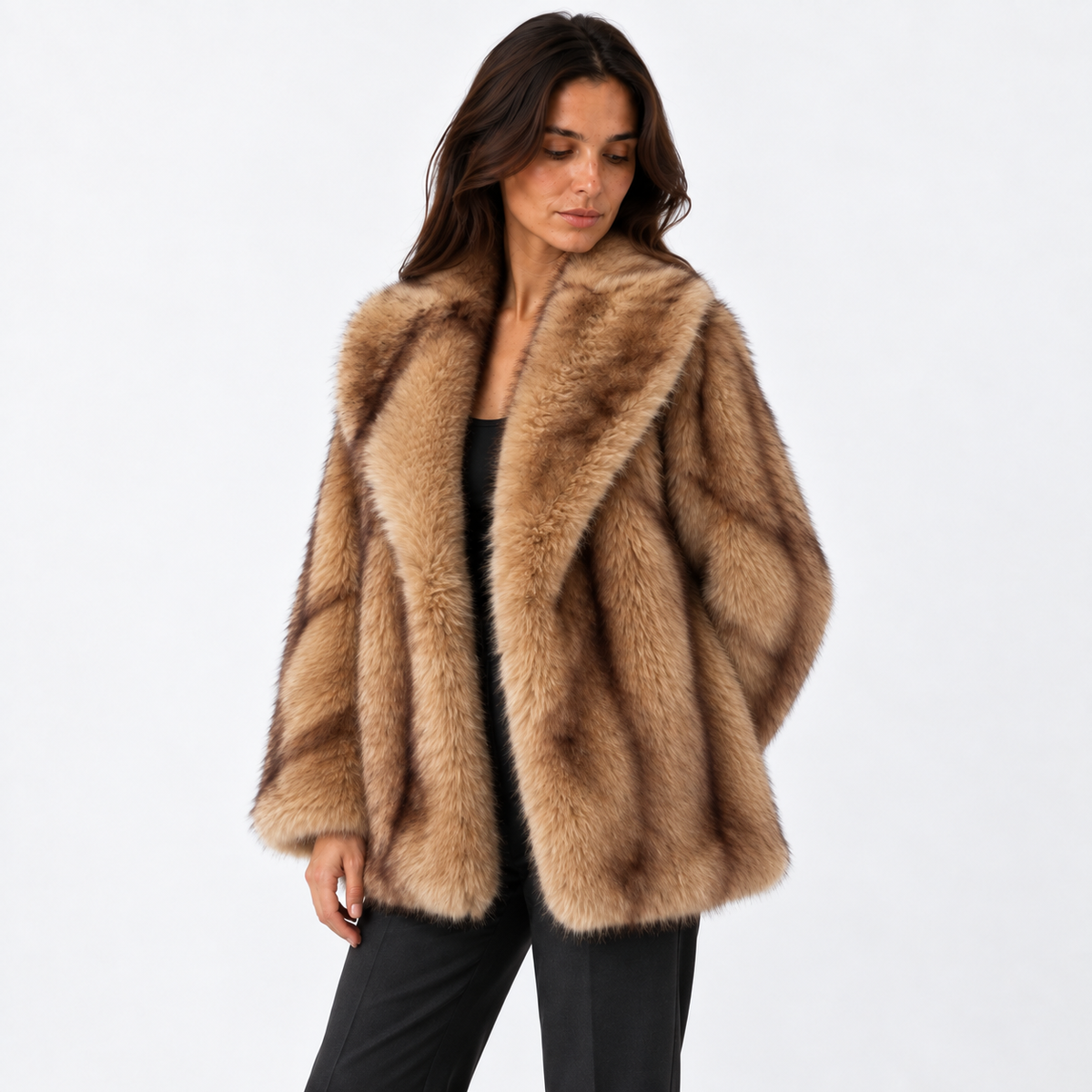 Womens Fur Coat — Light brown — three_quarter — studio 19-2