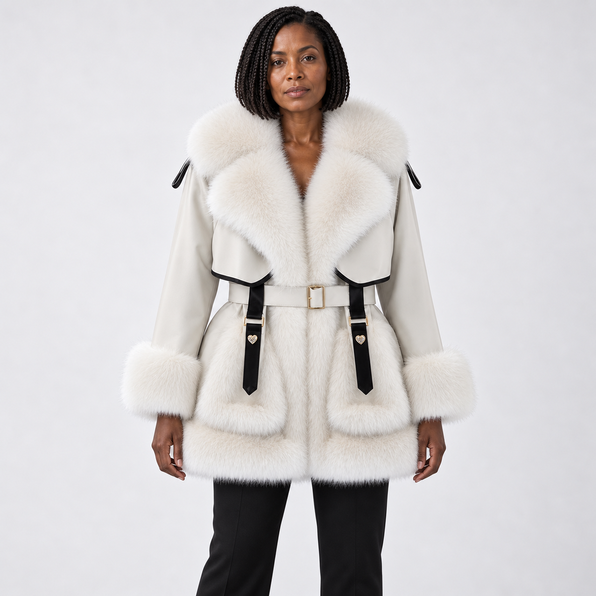 Women's mid-length fur coat with large fur collar and tie — Off-White — front — studio 20-1