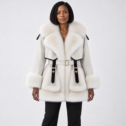 Women's mid-length fur coat with large fur collar and tie — Off-White — front — studio 20-1