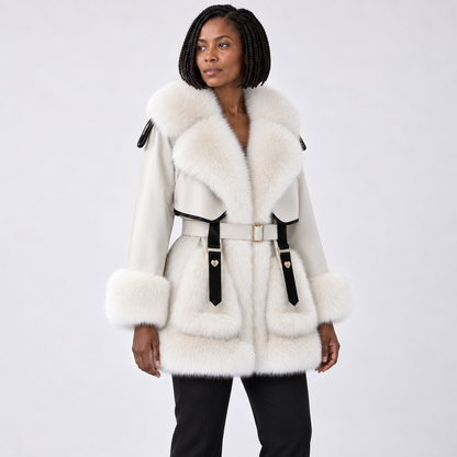 Women's mid-length fur coat with large fur collar and tie — Off-White — three_quarter — studio 20-2
