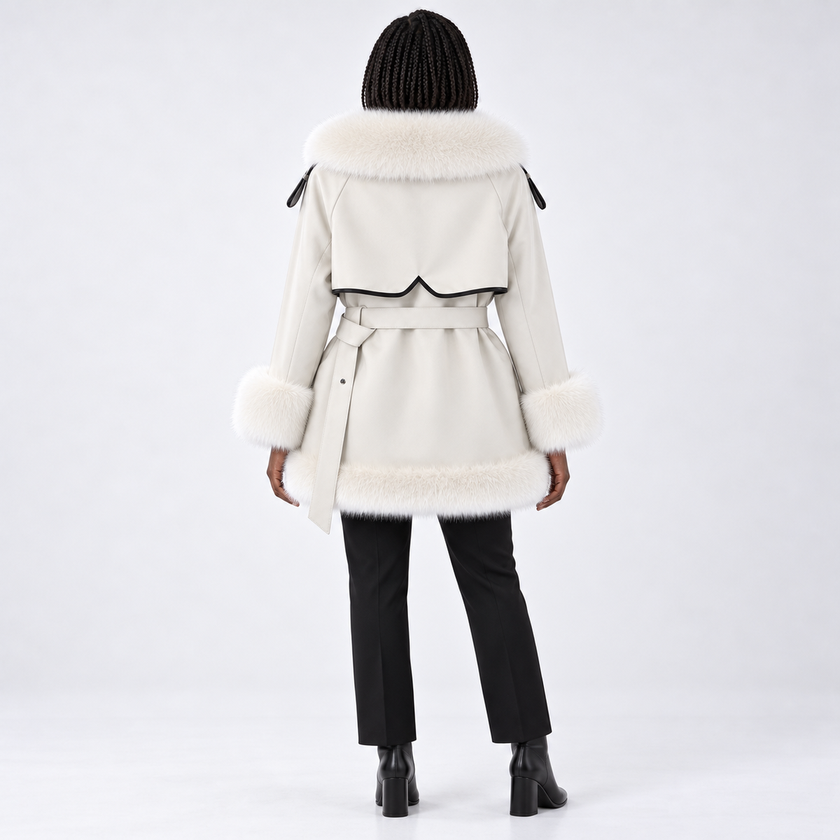 Women's mid-length fur coat with large fur collar and tie — Off-White — back — studio 20-3