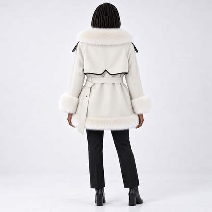 Women's mid-length fur coat with large fur collar and tie — Off-White — back — studio 20-3