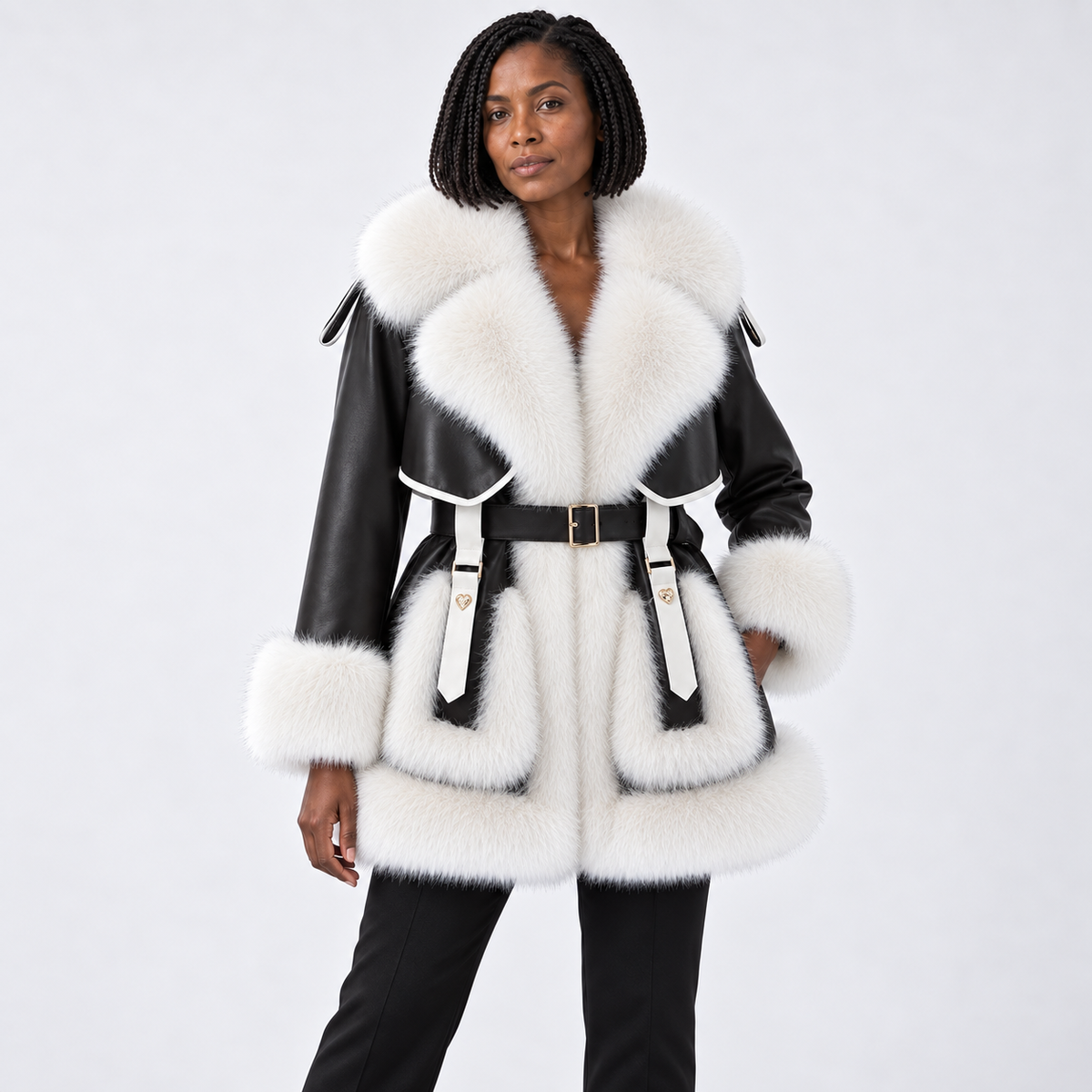 Women's mid-length fur coat with large fur collar and tie — Black — front — studio 20-4