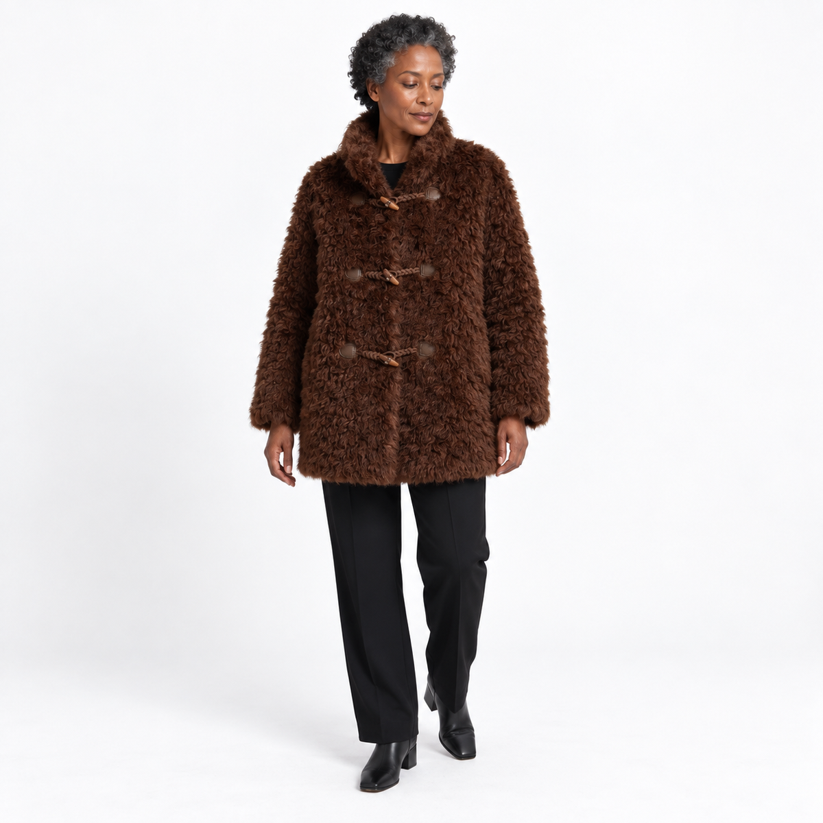 Women's sheepskin fur coat — Brown — front — studio 21-4