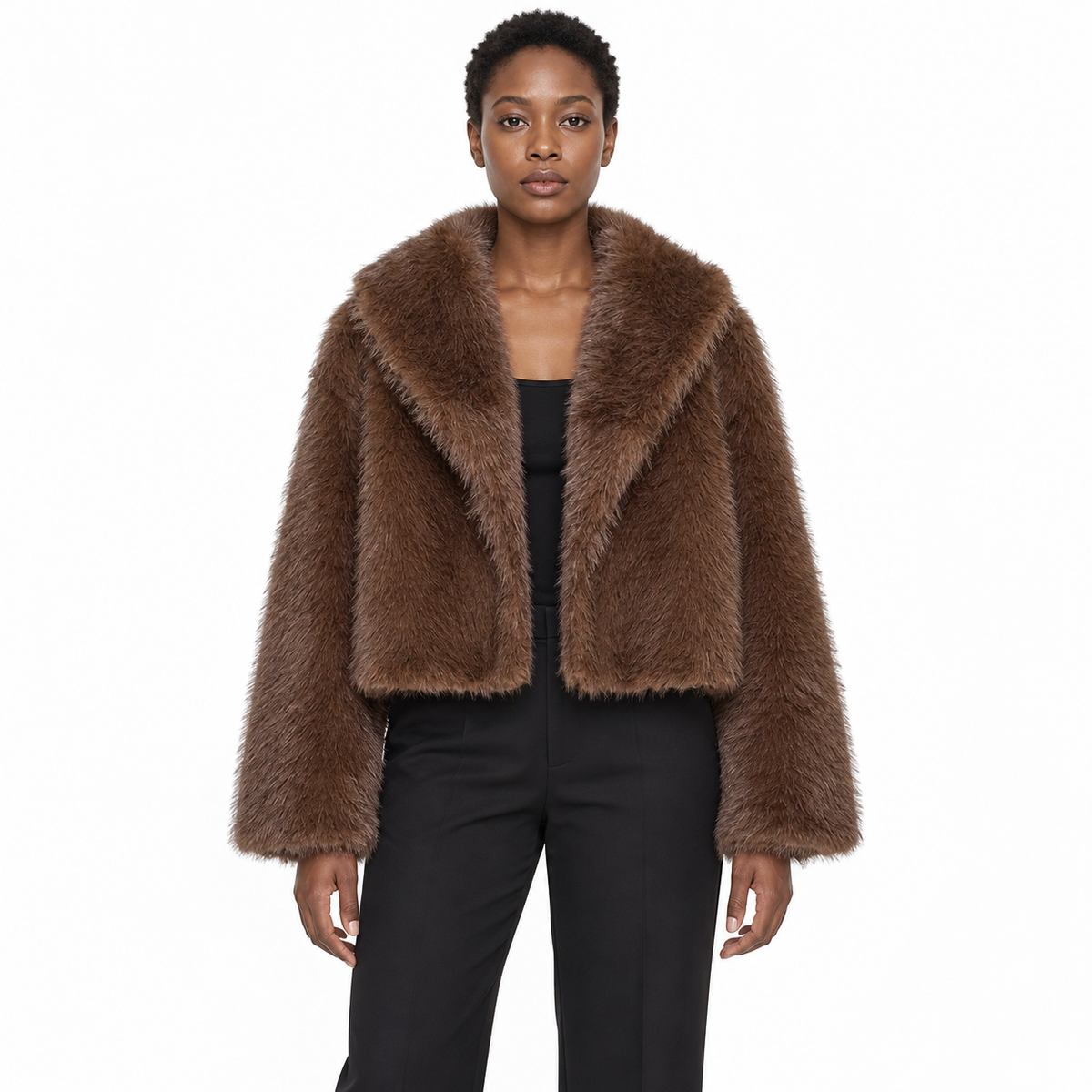 Faux Fur Lapel Collar Women's Short Coat — Brown one-word collar — front — studio 22-1