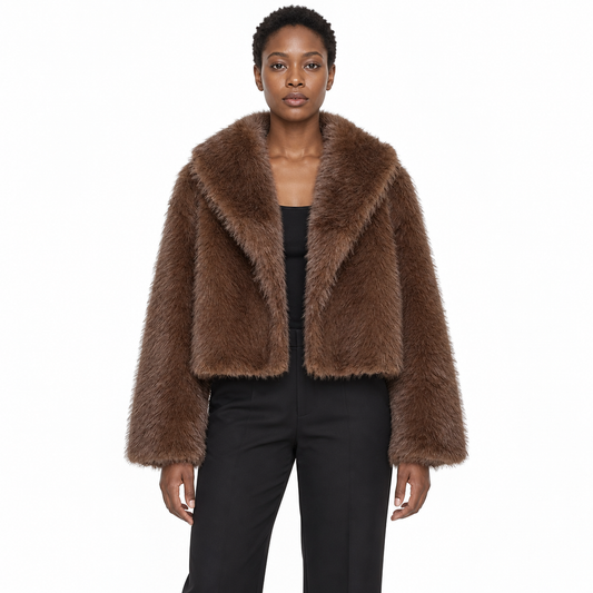 Faux Fur Lapel Collar Women's Short Coat — Brown one-word collar — front — studio 22-1