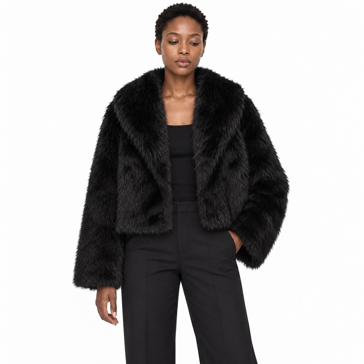 Faux Fur Lapel Collar Women's Short Coat — Black one-word collar — front — studio 22-2