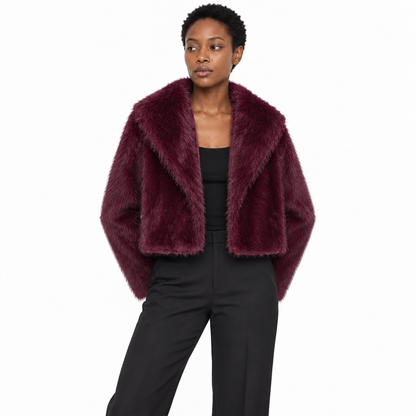 Faux Fur Lapel Collar Women's Short Coat — Burgundy one-word collar — front — studio 22-3