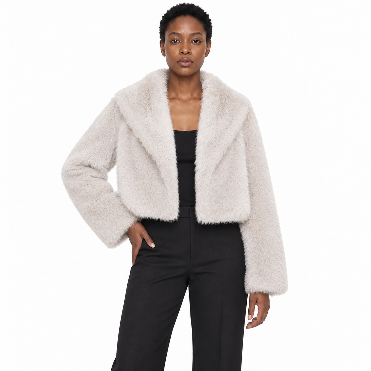 Faux Fur Lapel Collar Women's Short Coat — Off-white off-the-shoulder — front — studio 22-4