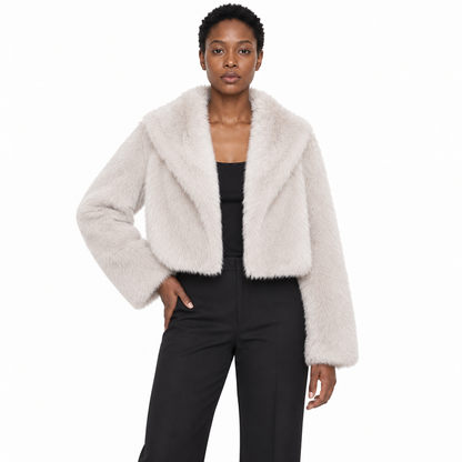 Faux Fur Lapel Collar Women's Short Coat — Off-white off-the-shoulder — front — studio 22-4