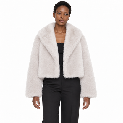 Faux Fur Lapel Collar Women's Short Coat — White off-the-shoulder — front — studio 22-5