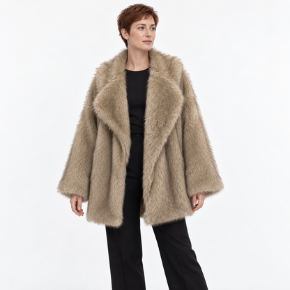 Faux Fox Fur Collar Women Coat — CAMEL — front — studio 23-1