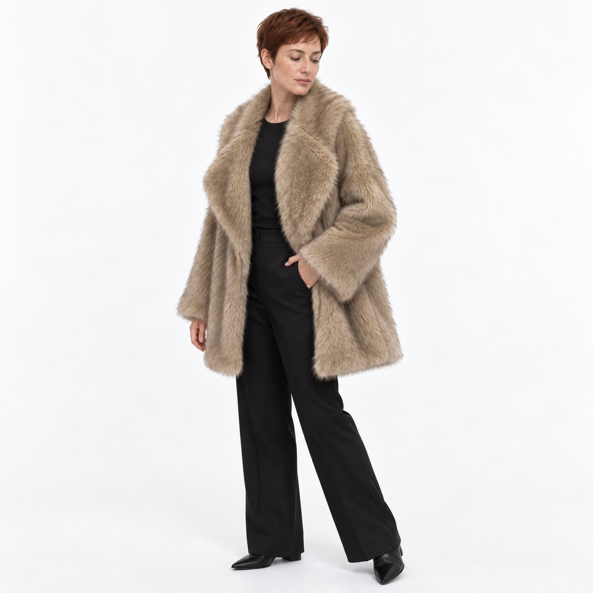 Faux Fox Fur Collar Women Coat — CAMEL — three_quarter — studio 23-2