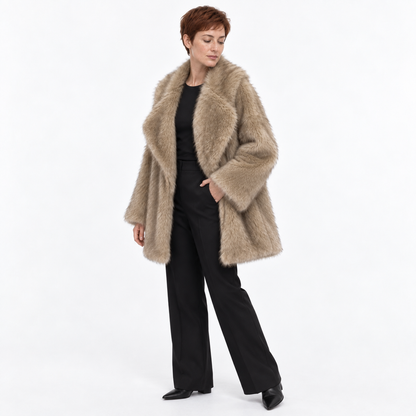 Faux Fox Fur Collar Women Coat — CAMEL — three_quarter — studio 23-2