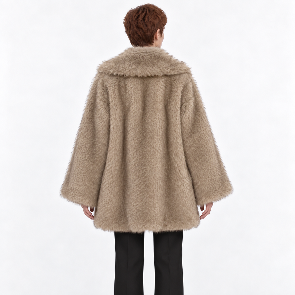 Faux Fox Fur Collar Women Coat — CAMEL — back — studio 23-3