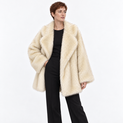 Faux Fox Fur Collar Women Coat — Yellow tip on white background — front — studio 23-4