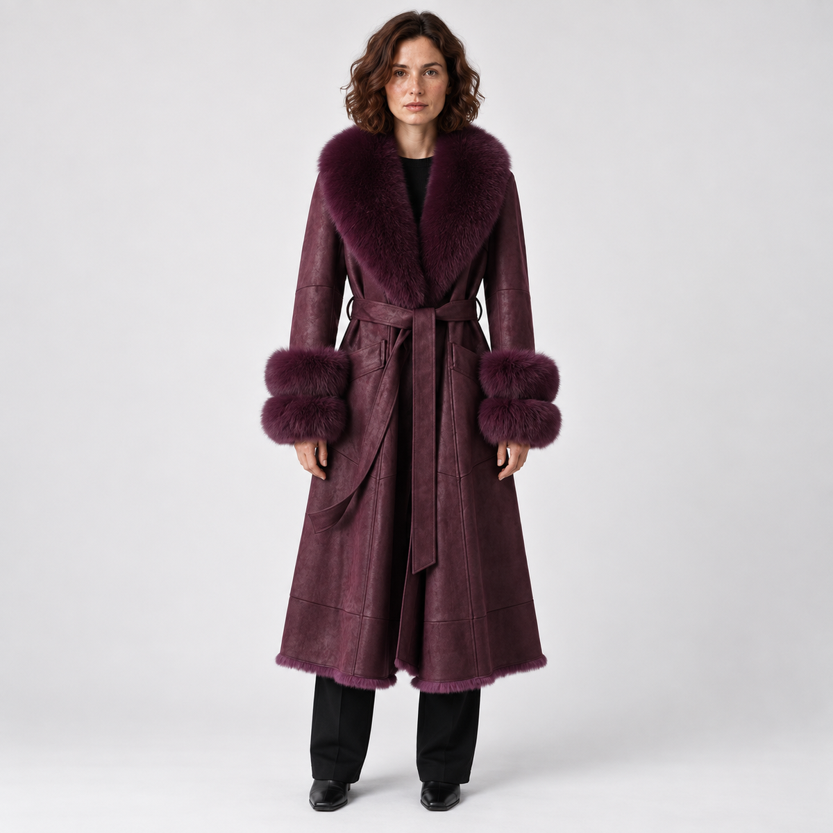Imitation Rabbit Fur Mid-Length Coat with Faux Fox Collar — Vivid Purple — front — studio 25-1