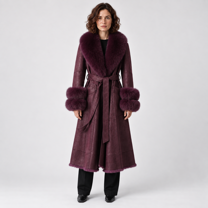 Imitation Rabbit Fur Mid-Length Coat with Faux Fox Collar — Vivid Purple — front — studio 25-1
