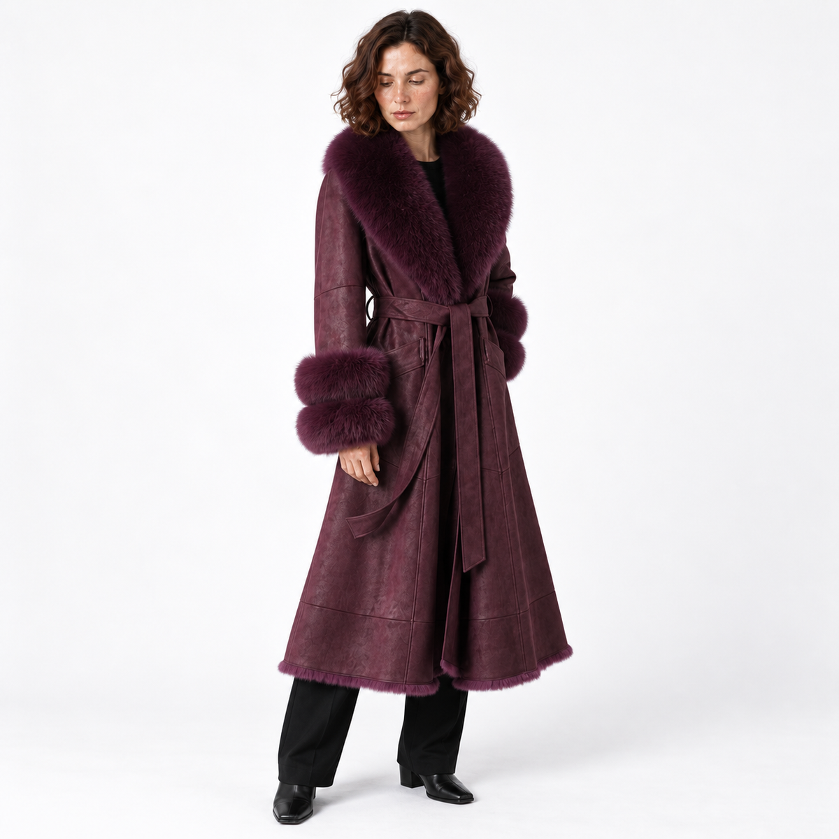 Imitation Rabbit Fur Mid-Length Coat with Faux Fox Collar — Vivid Purple — three_quarter — studio 25-2