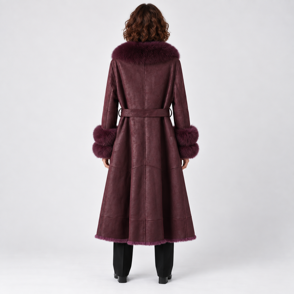 Imitation Rabbit Fur Mid-Length Coat with Faux Fox Collar — Vivid Purple — back — studio 25-3