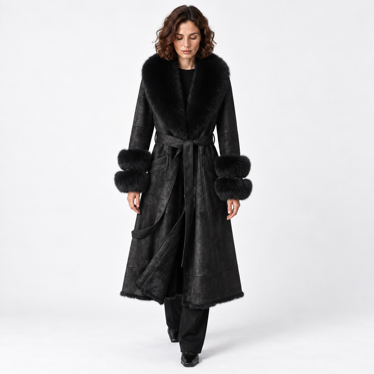 Imitation Rabbit Fur Mid-Length Coat with Faux Fox Collar — Black — front — studio 25-4