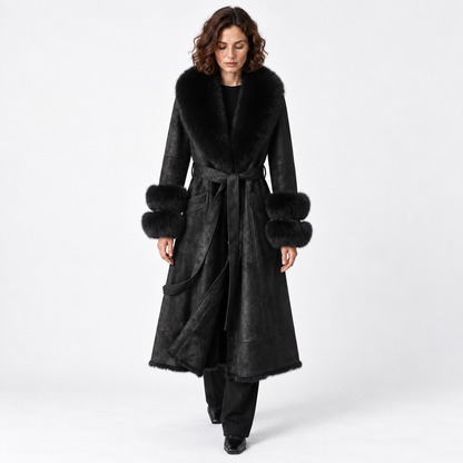 Imitation Rabbit Fur Mid-Length Coat with Faux Fox Collar — Black — front — studio 25-4