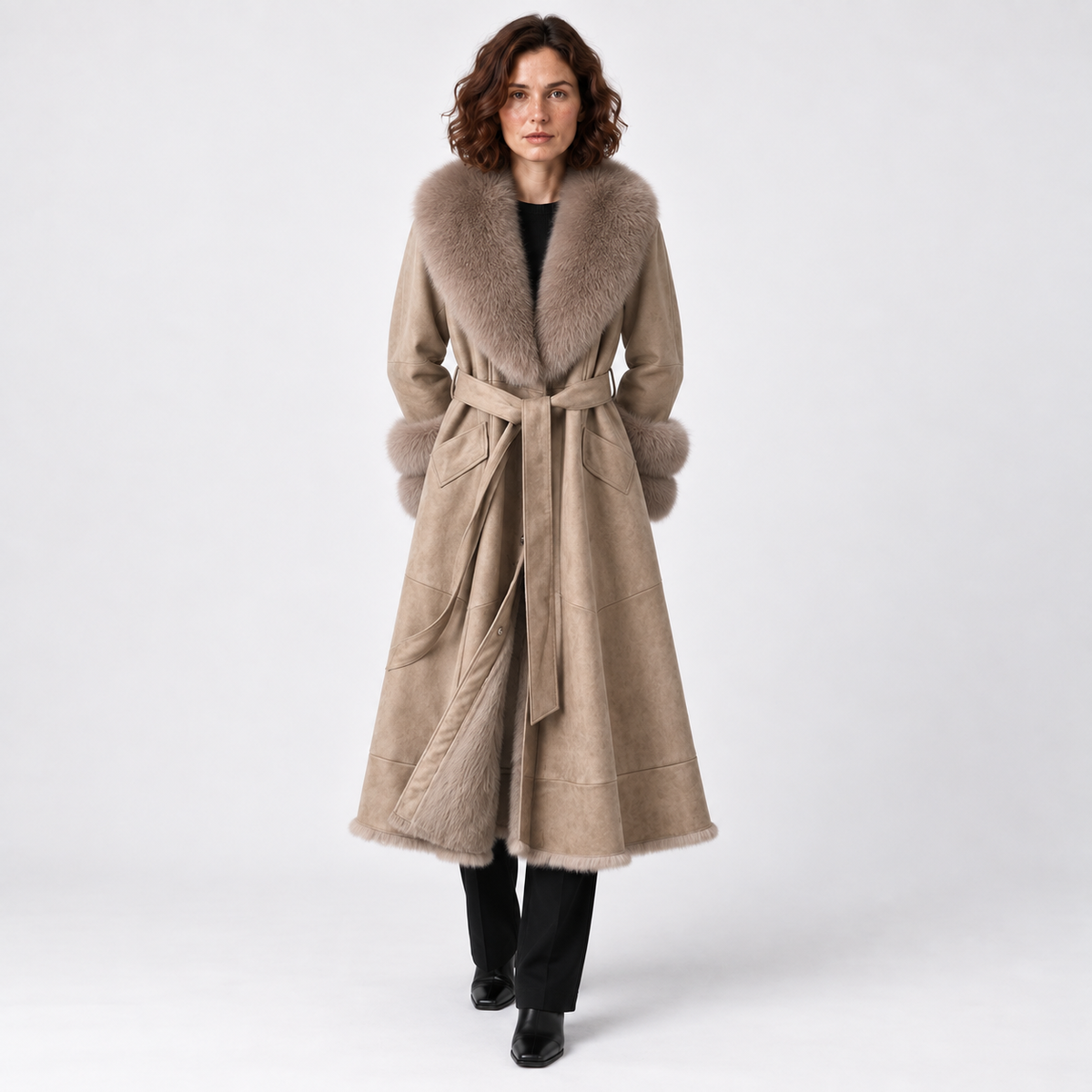Imitation Rabbit Fur Mid-Length Coat with Faux Fox Collar — Khaki — front — studio 25-5