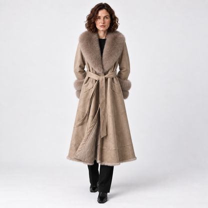 Imitation Rabbit Fur Mid-Length Coat with Faux Fox Collar — Khaki — front — studio 25-5