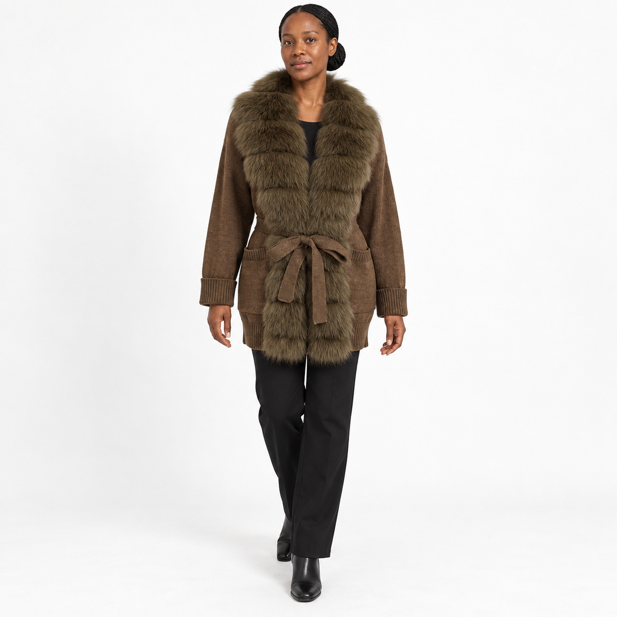 Women's Pocket-Style Knitwear with Real Fox Fur Collar and Tie Slim-Fit Coat — Coffee + light coffee — front — studio 28-1