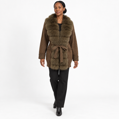 Women's Pocket-Style Knitwear with Real Fox Fur Collar and Tie Slim-Fit Coat — Coffee + light coffee — front — studio 28-1