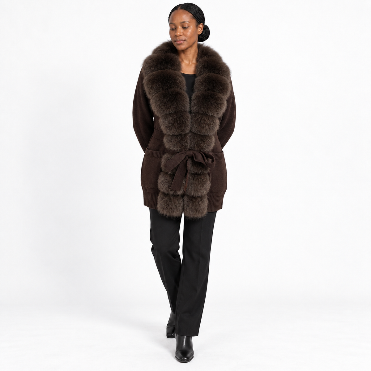 Women's Pocket-Style Knitwear with Real Fox Fur Collar and Tie Slim-Fit Coat — Dark coffee+  dark coffee — front — studio 28-2