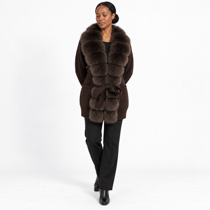Women's Pocket-Style Knitwear with Real Fox Fur Collar and Tie Slim-Fit Coat — Dark coffee+  dark coffee — front — studio 28-2