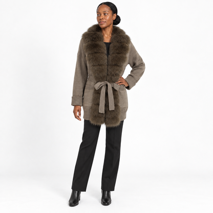Women's Pocket-Style Knitwear with Real Fox Fur Collar and Tie Slim-Fit Coat — Khaki+light coffee — front — studio 28-3