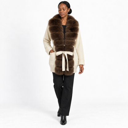 Women's Pocket-Style Knitwear with Real Fox Fur Collar and Tie Slim-Fit Coat — Off-white + imitation mink — front — studio 28-4