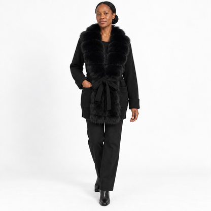 Women's Pocket-Style Knitwear with Real Fox Fur Collar and Tie Slim-Fit Coat — Black+black — front — studio 28-5