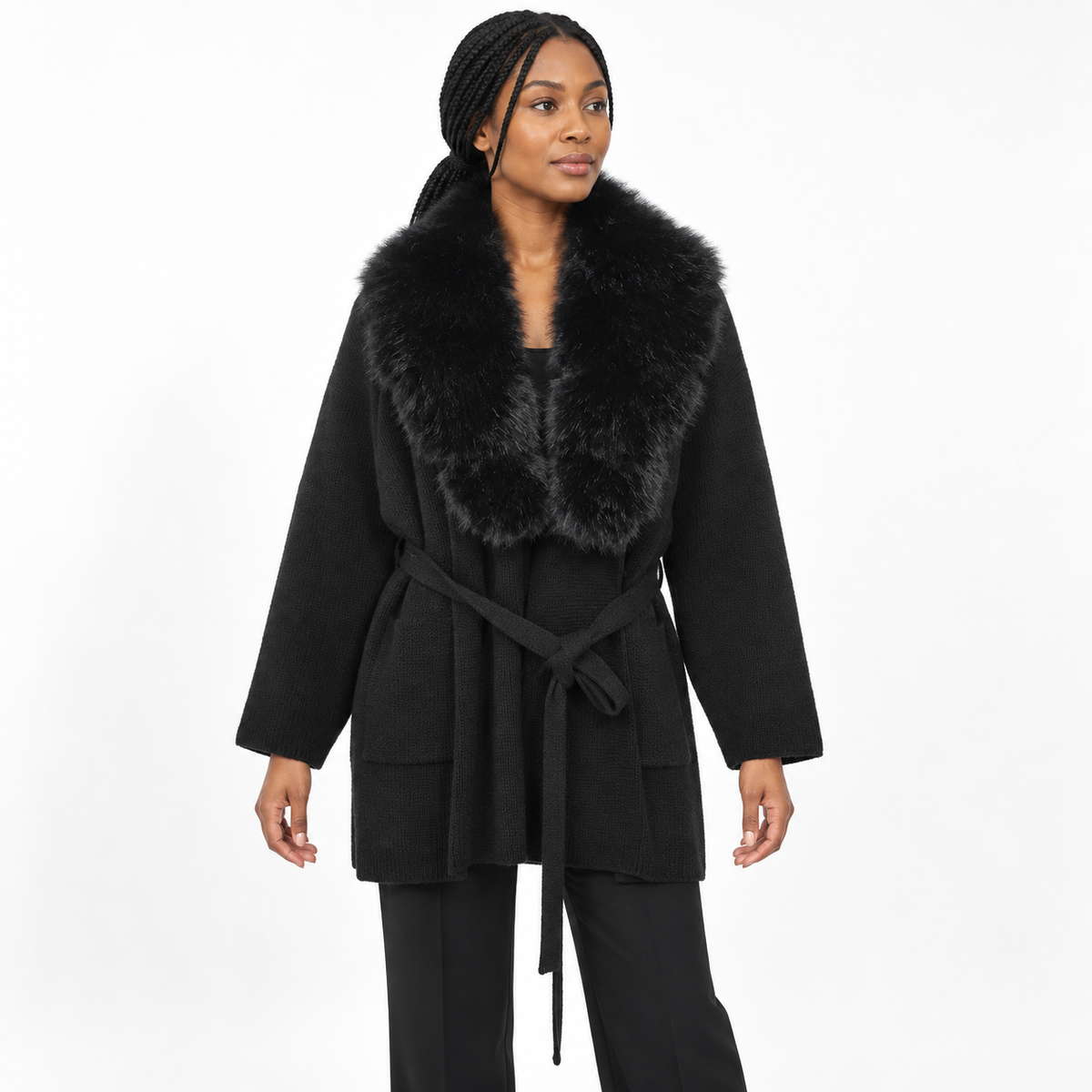 Women's cardigan with fur-like wool knitting for the coat — Black — front — studio 29-1