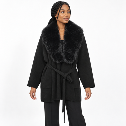 Women's cardigan with fur-like wool knitting for the coat — Black — front — studio 29-1
