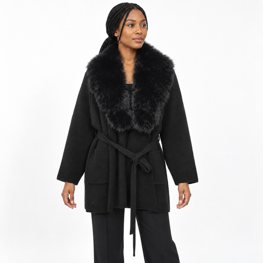 Women's cardigan with fur-like wool knitting for the coat — Black — front — studio 29-1
